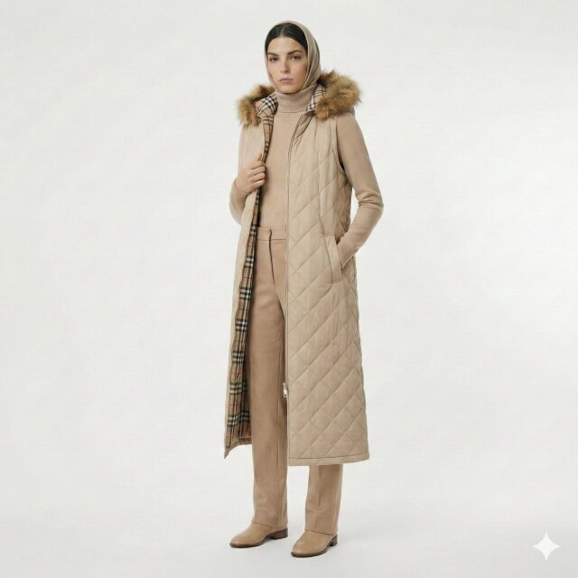 Vivezza Kapşonlu Kürklü Kapitone Uzun Yelek 7053-03 BEJ - Vivezza