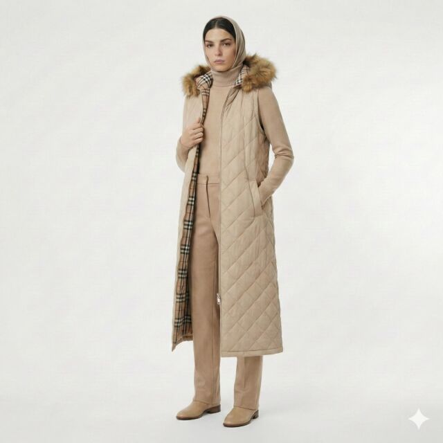 Vivezza Kapşonlu Kürklü Kapitone Uzun Yelek 7053-03 BEJ - 1