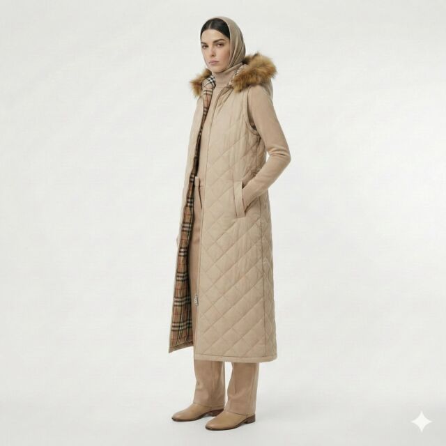 Vivezza Kapşonlu Kürklü Kapitone Uzun Yelek 7053-03 BEJ - 3