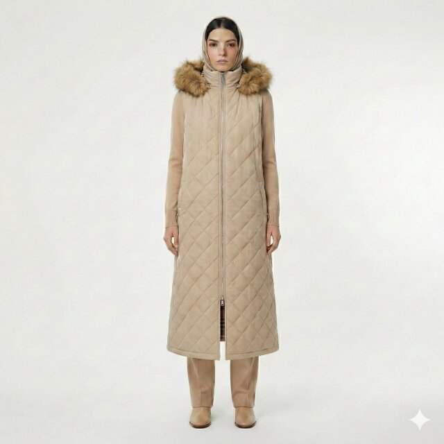 Vivezza Kapşonlu Kürklü Kapitone Uzun Yelek 7053-03 BEJ - 2