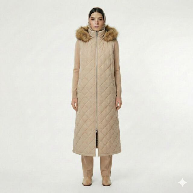 Vivezza Kapşonlu Kürklü Kapitone Uzun Yelek 7053-03 BEJ - 2