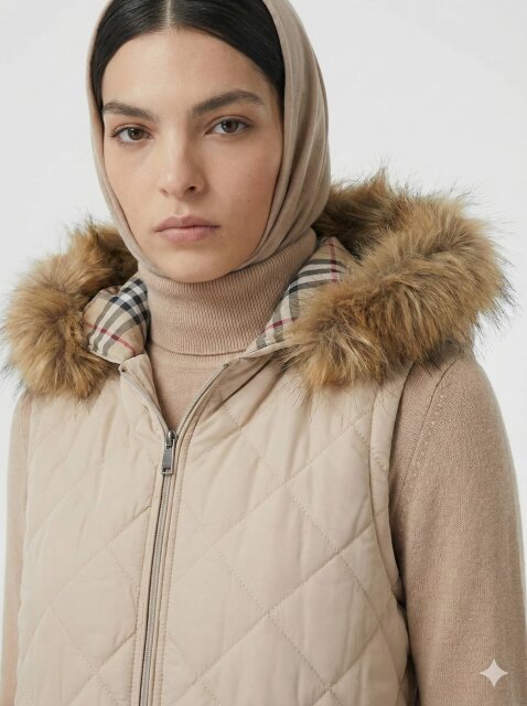 Vivezza Kapşonlu Kürklü Kapitone Uzun Yelek 7053-03 BEJ - 4