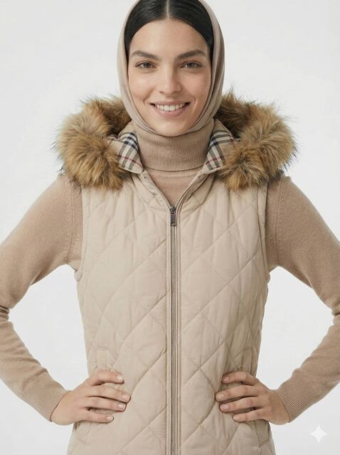 Vivezza Kapşonlu Kürklü Kapitone Uzun Yelek 7053-03 BEJ - 5