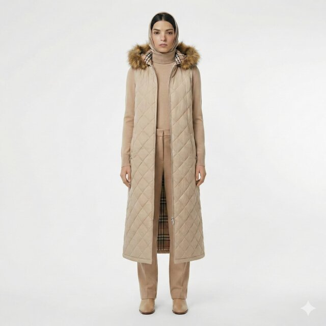 Vivezza Kapşonlu Kürklü Kapitone Uzun Yelek 7053-03 BEJ - 6