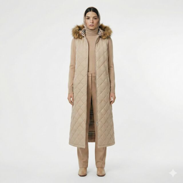 Vivezza Kapşonlu Kürklü Kapitone Uzun Yelek 7053-03 BEJ - 6