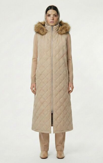 Vivezza Kapşonlu Kürklü Kapitone Uzun Yelek 7053-03 BEJ - 4