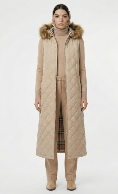 Vivezza Kapşonlu Kürklü Kapitone Uzun Yelek 7053-03 BEJ - 5