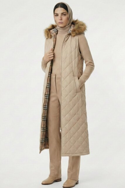 Vivezza Kapşonlu Kürklü Kapitone Uzun Yelek 7053-03 BEJ - Vivezza