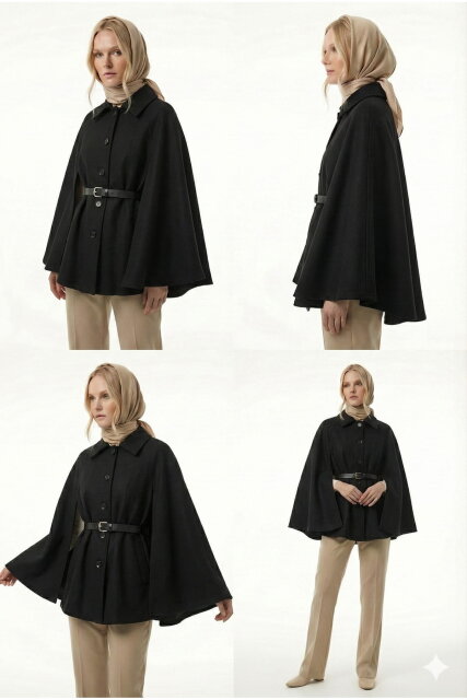 Vivezza Kaşe Pelerin Kaban 7055-01 SİYAH - 2