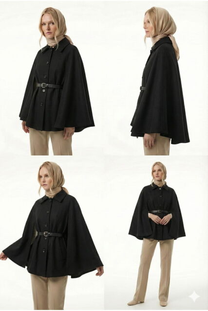 Vivezza Kaşe Pelerin Kaban 7055-01 SİYAH - 2