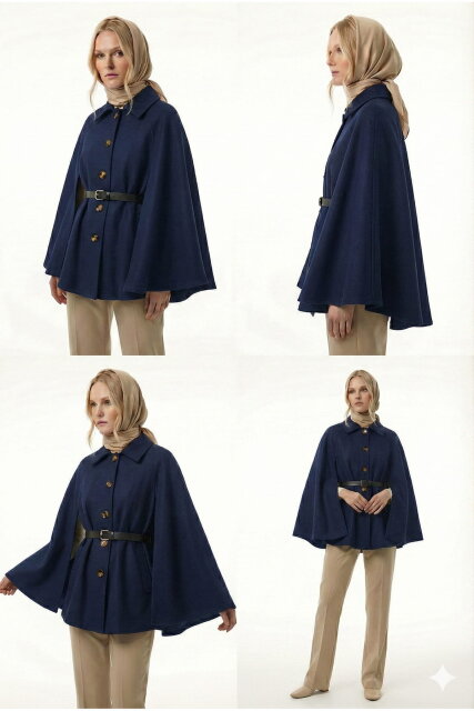 Vivezza Kaşe Pelerin Kaban 7055-04 LACİVERT - 5